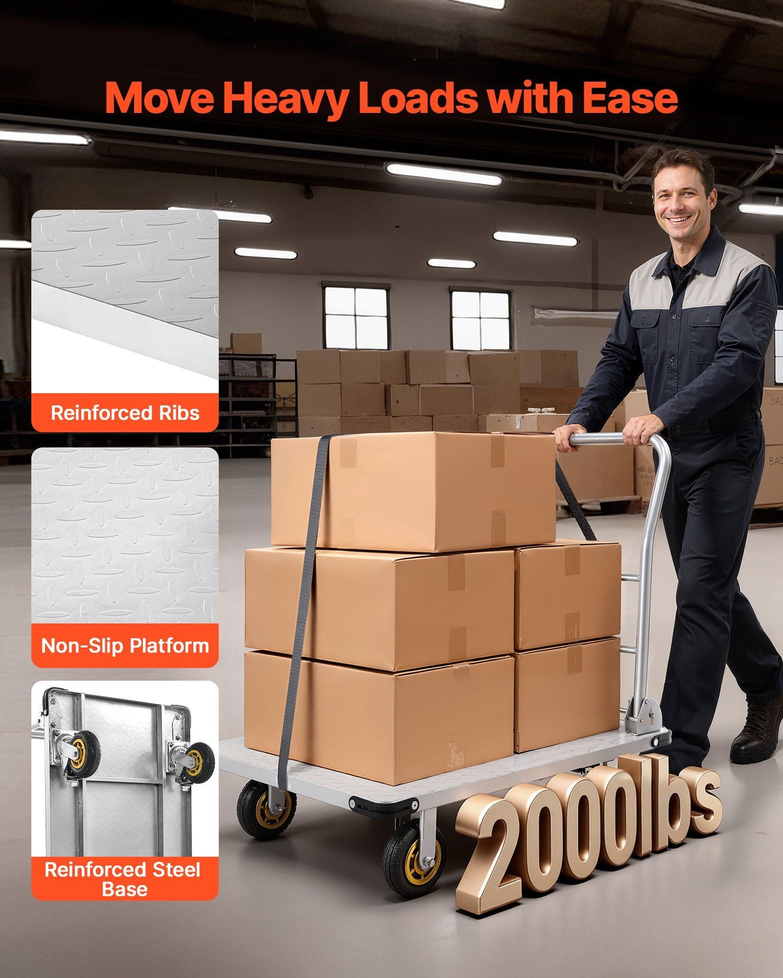 Platform Truck, 907.18 kg Capacity, Heavy Duty Steel Flatbed Cart with Swivel Wheels and Handle, Foldable V952-ZDPBC2000LBSULEYG001V0