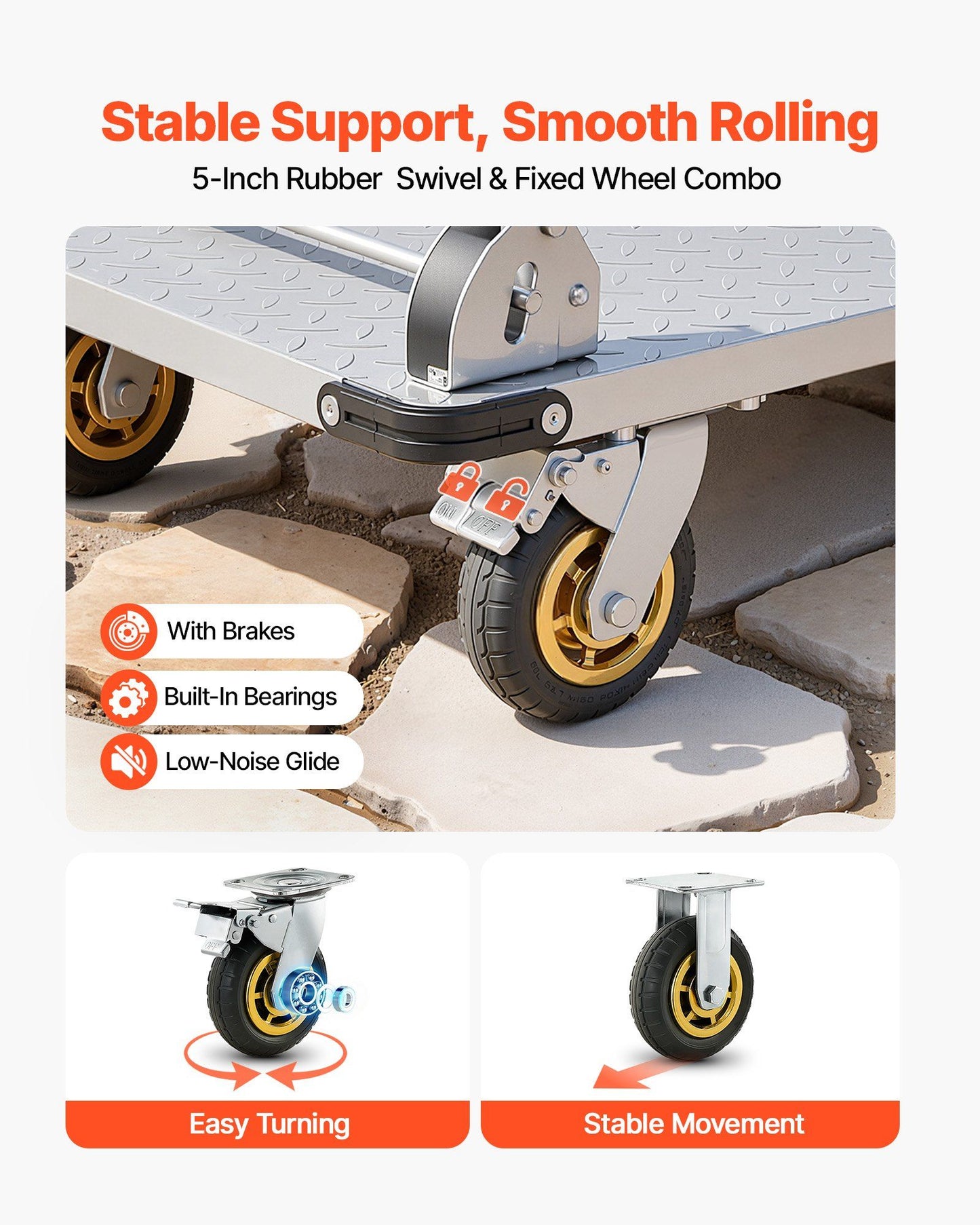 Platform Truck, 907.18 kg Capacity, Heavy Duty Steel Flatbed Cart with Swivel Wheels and Handle, Foldable V952-ZDPBC2000LBSULEYG001V0
