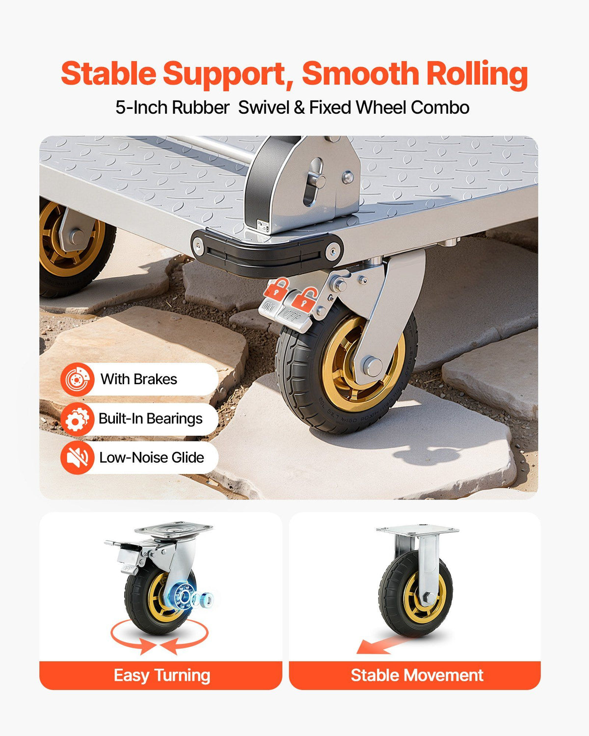 Platform Truck, 907.18 kg Capacity, Heavy Duty Steel Flatbed Cart with Swivel Wheels and Handle, Foldable V952-ZDPBC2000LBSULEYG001V0