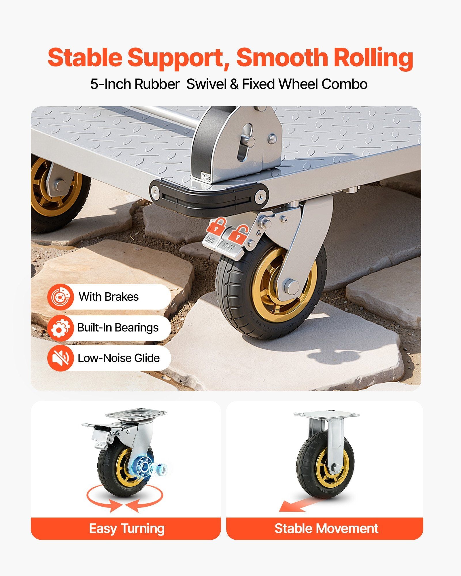 Platform Truck, 907.18 kg Capacity, Heavy Duty Steel Flatbed Cart with Swivel Wheels and Handle, Foldable V952-ZDPBC2000LBSULEYG001V0