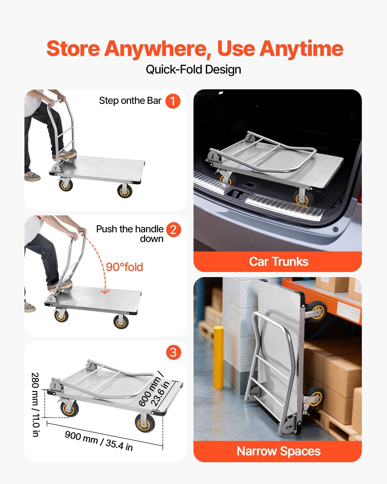 Platform Truck, 907.18 kg Capacity, Heavy Duty Steel Flatbed Cart with Swivel Wheels and Handle, Foldable V952-ZDPBC2000LBSULEYG001V0