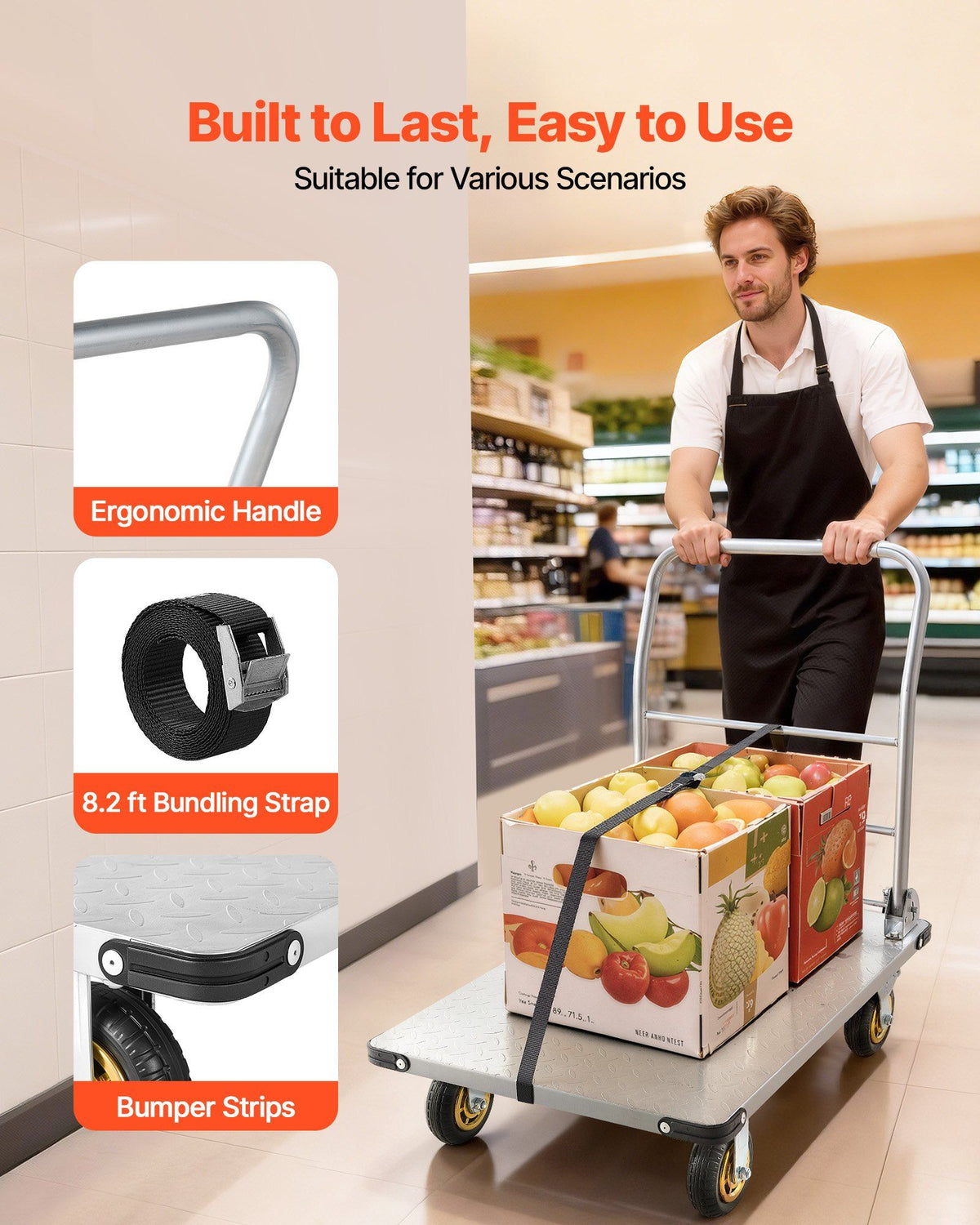 Platform Truck, 907.18 kg Capacity, Heavy Duty Steel Flatbed Cart with Swivel Wheels and Handle, Foldable V952-ZDPBC2000LBSULEYG001V0