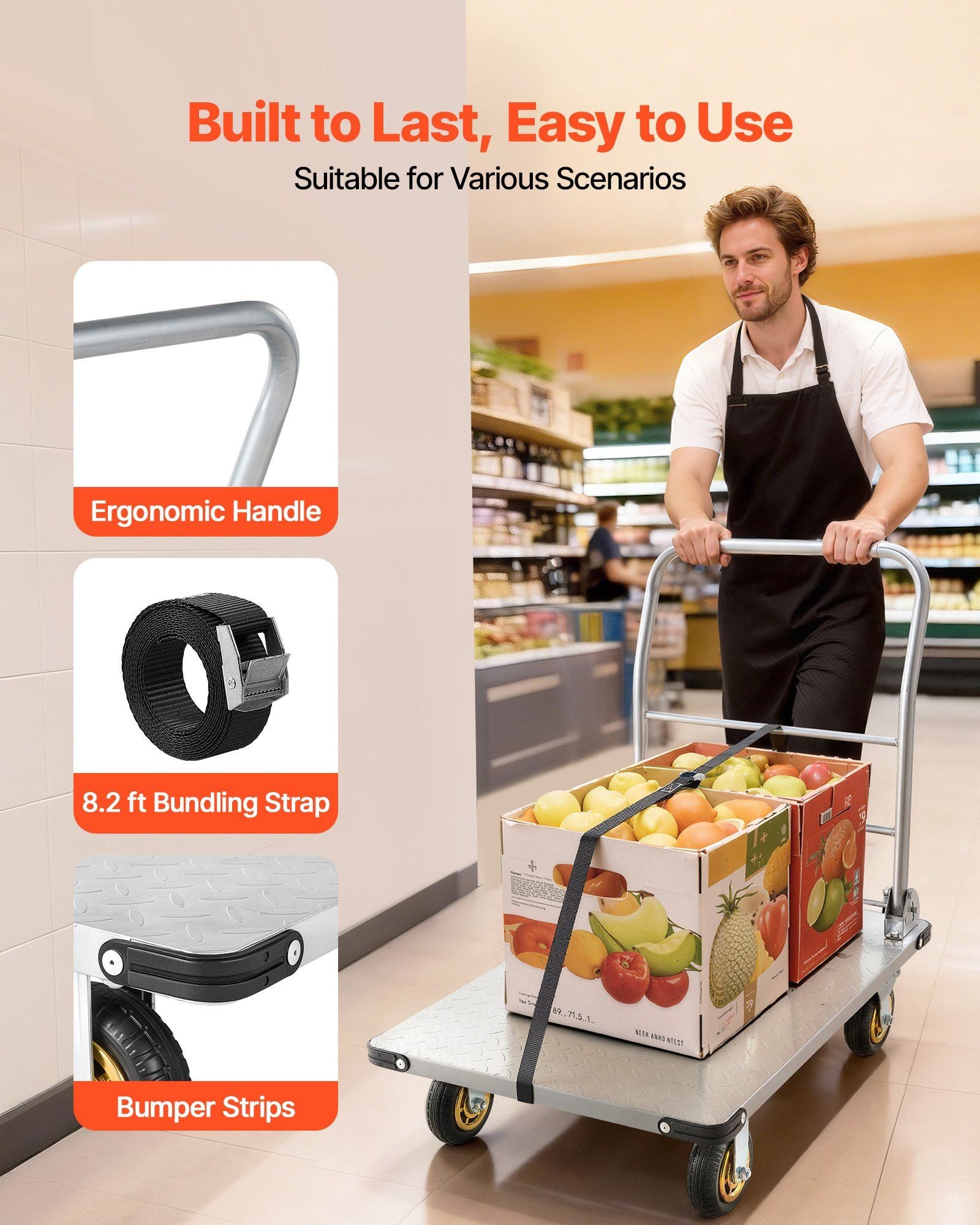 Platform Truck, 907.18 kg Capacity, Heavy Duty Steel Flatbed Cart with Swivel Wheels and Handle, Foldable V952-ZDPBC2000LBSULEYG001V0