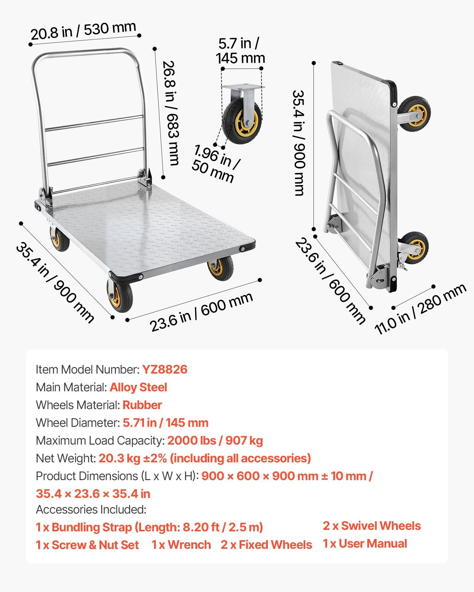 Platform Truck, 907.18 kg Capacity, Heavy Duty Steel Flatbed Cart with Swivel Wheels and Handle, Foldable V952-ZDPBC2000LBSULEYG001V0
