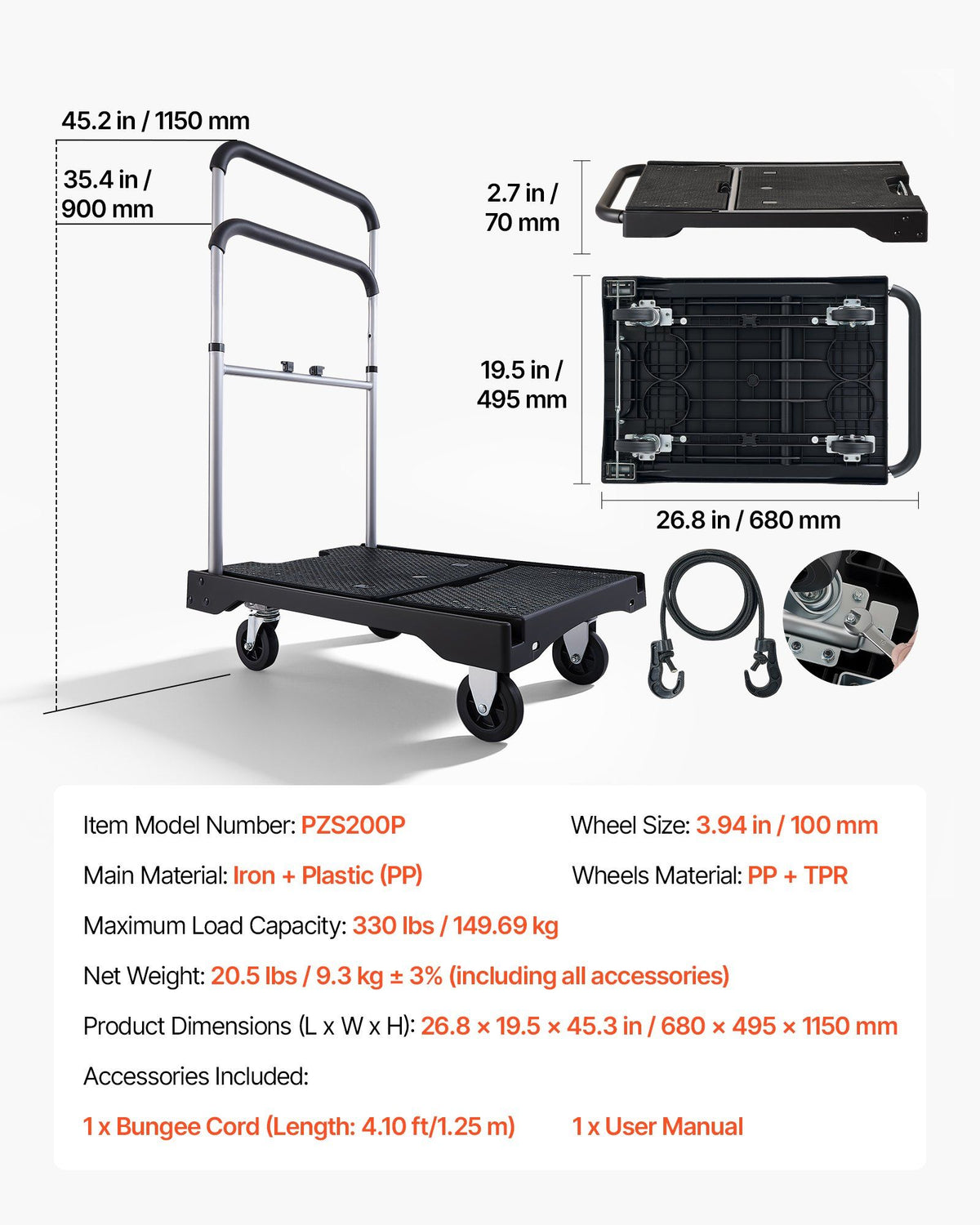 Foldable Push Cart Dolly, 149.69 kg Capacity, Folding Platform Truck with Swivel Wheels, Moving Platform Hand V952-ZDPBC330LBSLTUW2Q001V0