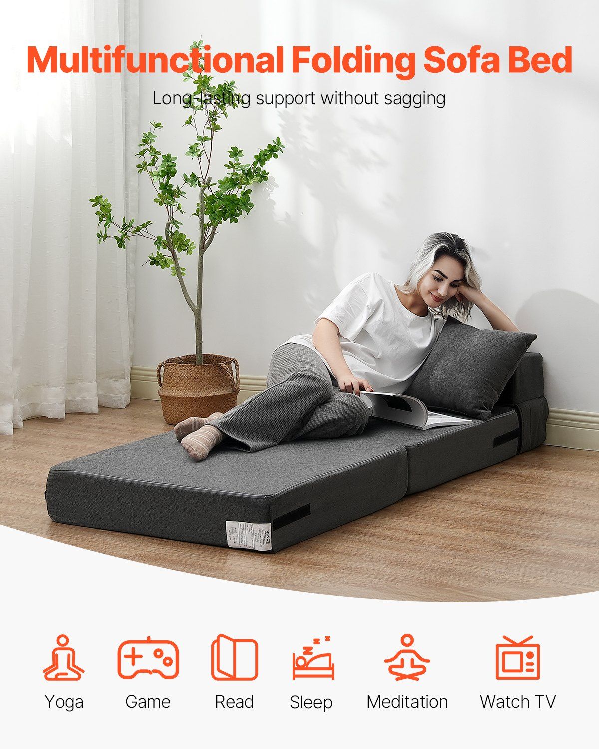 Folding Sofa Bed, 3-in-1 Foldable Couch Bed with 2 Pillows and Washable Cover, 25D High Density Memory Foam V952-ZDSFDDZSFSINLMIP6V0