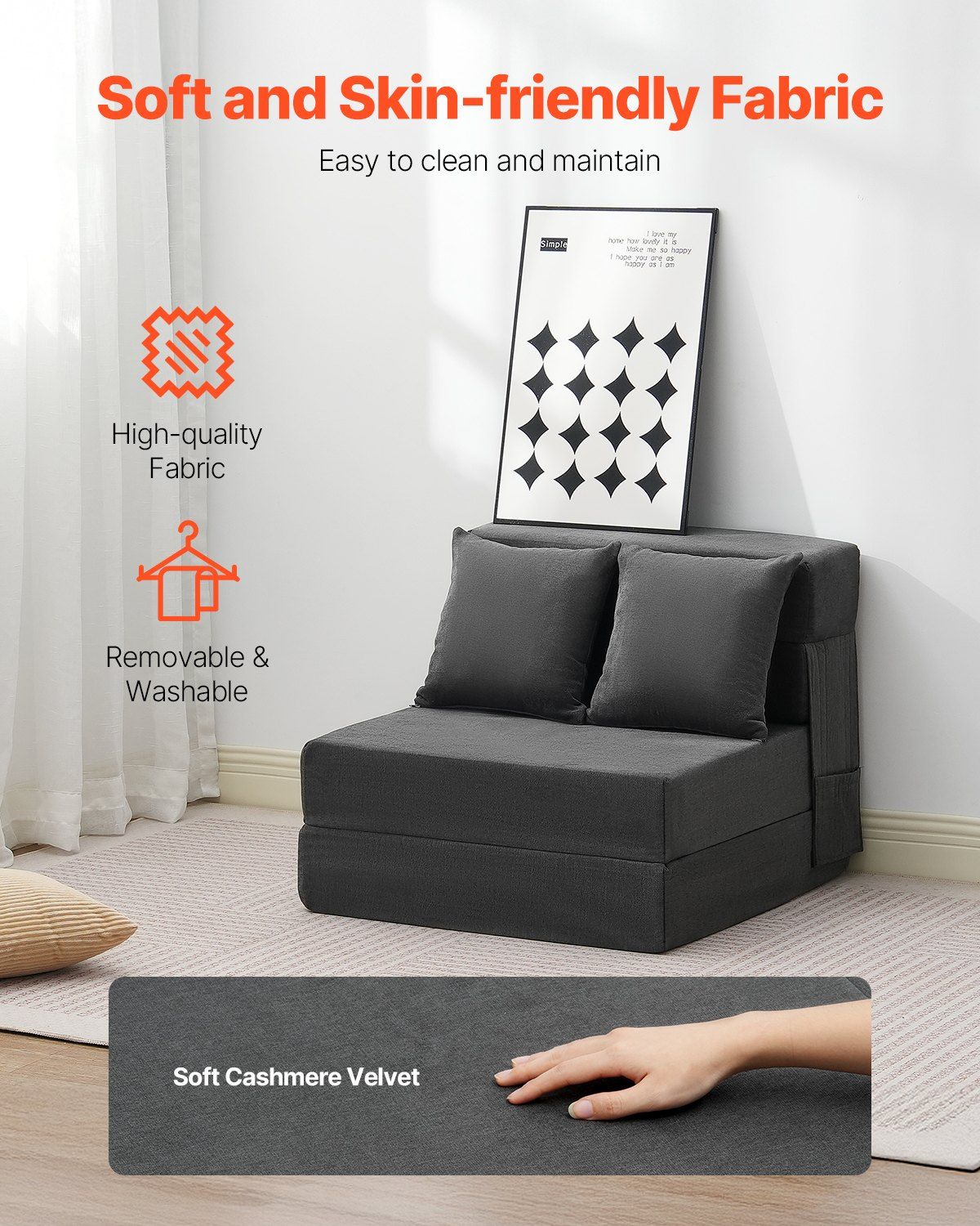 Folding Sofa Bed, 3-in-1 Foldable Couch Bed with 2 Pillows and Washable Cover, 25D High Density Memory Foam V952-ZDSFDDZSFSINLMIP6V0