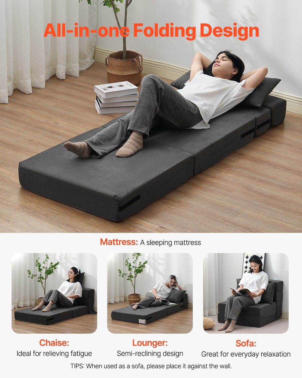 Folding Sofa Bed, 3-in-1 Foldable Couch Bed with 2 Pillows and Washable Cover, 25D High Density Memory Foam V952-ZDSFDDZSFSINLMIP6V0