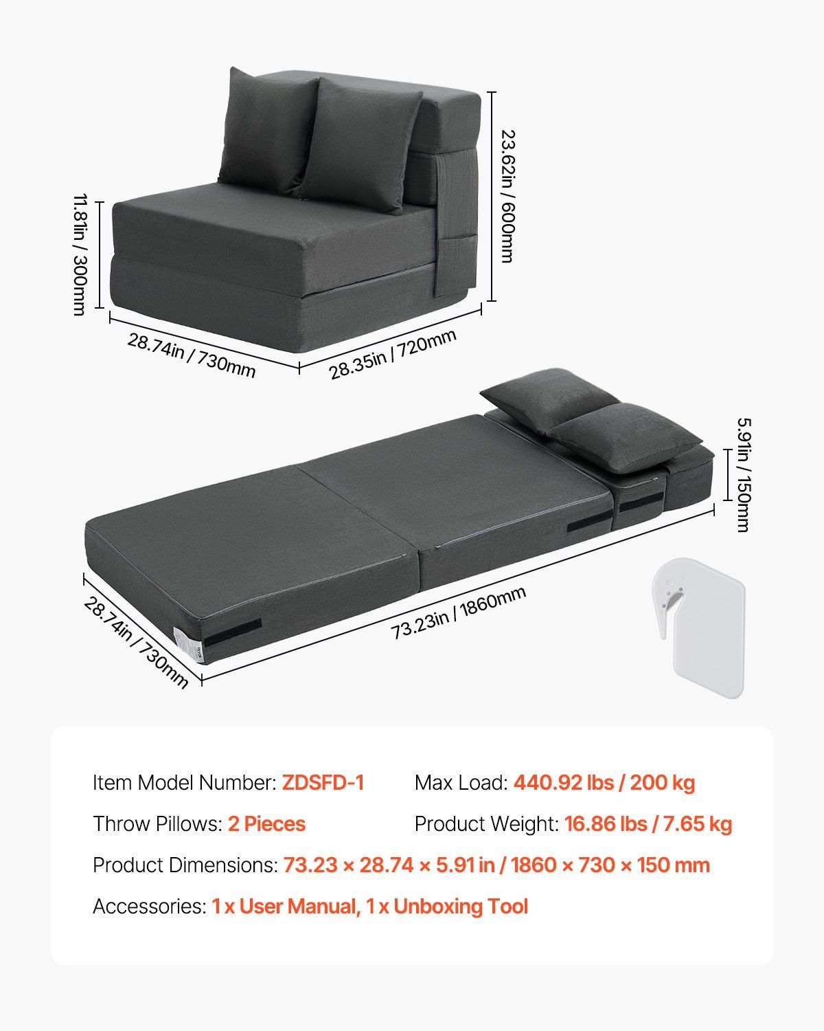 Folding Sofa Bed, 3-in-1 Foldable Couch Bed with 2 Pillows and Washable Cover, 25D High Density Memory Foam V952-ZDSFDDZSFSINLMIP6V0