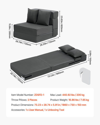 Folding Sofa Bed, 3-in-1 Foldable Couch Bed with 2 Pillows and Washable Cover, 25D High Density Memory Foam V952-ZDSFDDZSFSINLMIP6V0