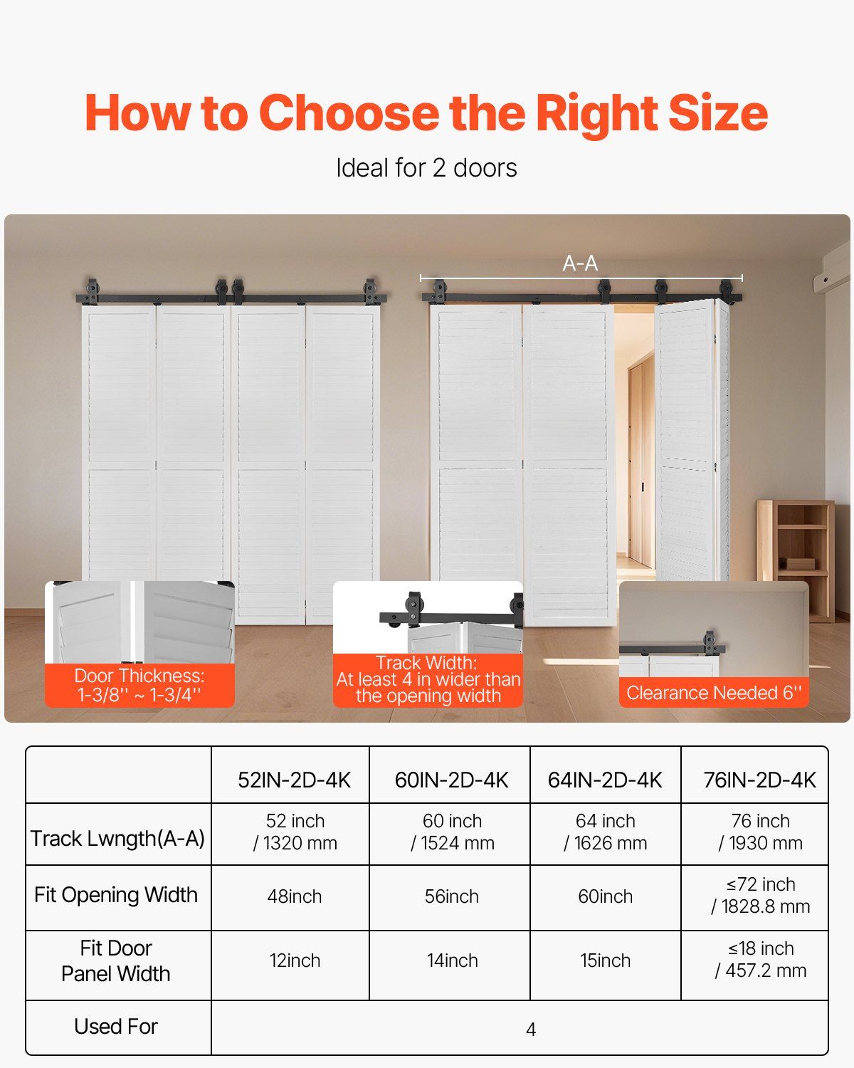 Bi-Folding Sliding Barn Door Hardware Track Kit, 76" Top Mount Track Kit, Slide Smoothly & Quietly, Heavy V952-ZDSMDGDGSM2DR3L63001V0