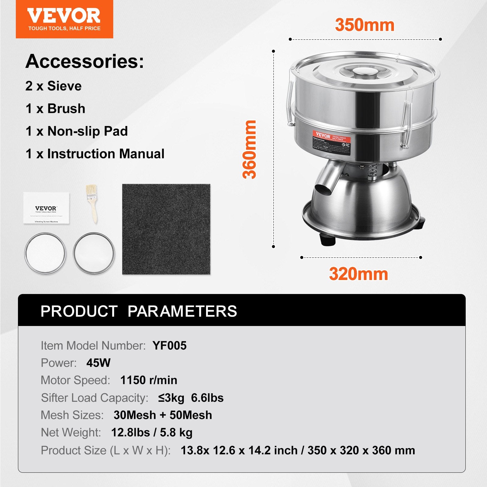 Automatic Electric Vibrating Sieve, Stainless Steel Sifter Shaker Machine with 30+50 Mesh, 45W Automatic V952-ZDZSJTM30M50X6TFUV3