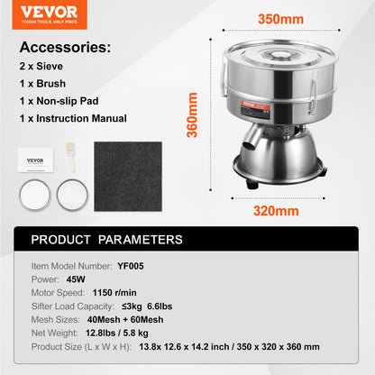 Automatic Electric Vibrating Sieve, Stainless Steel Sifter Shaker Machine with 40+60 Mesh, 45W Automatic V952-ZDZSJTM40M608SJJRV3