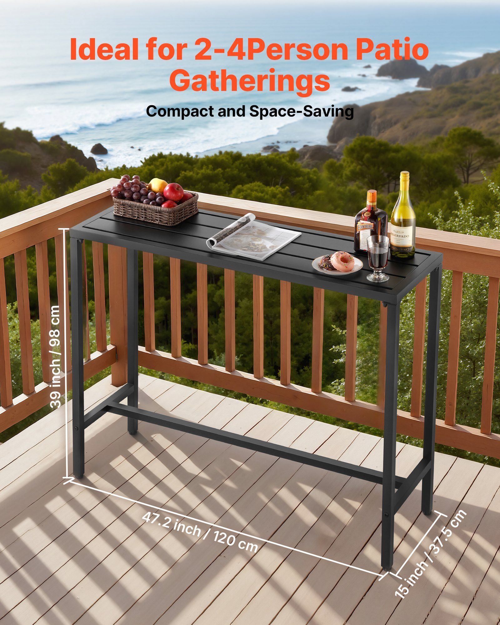 Outdoor Bar Table, 120 x 37.5 cm Patio Bar Table, Waterproof Top & Sturdy Metal Frame, Rectangle Counter V952-ZFLTJBZFX4720NCC7001V0