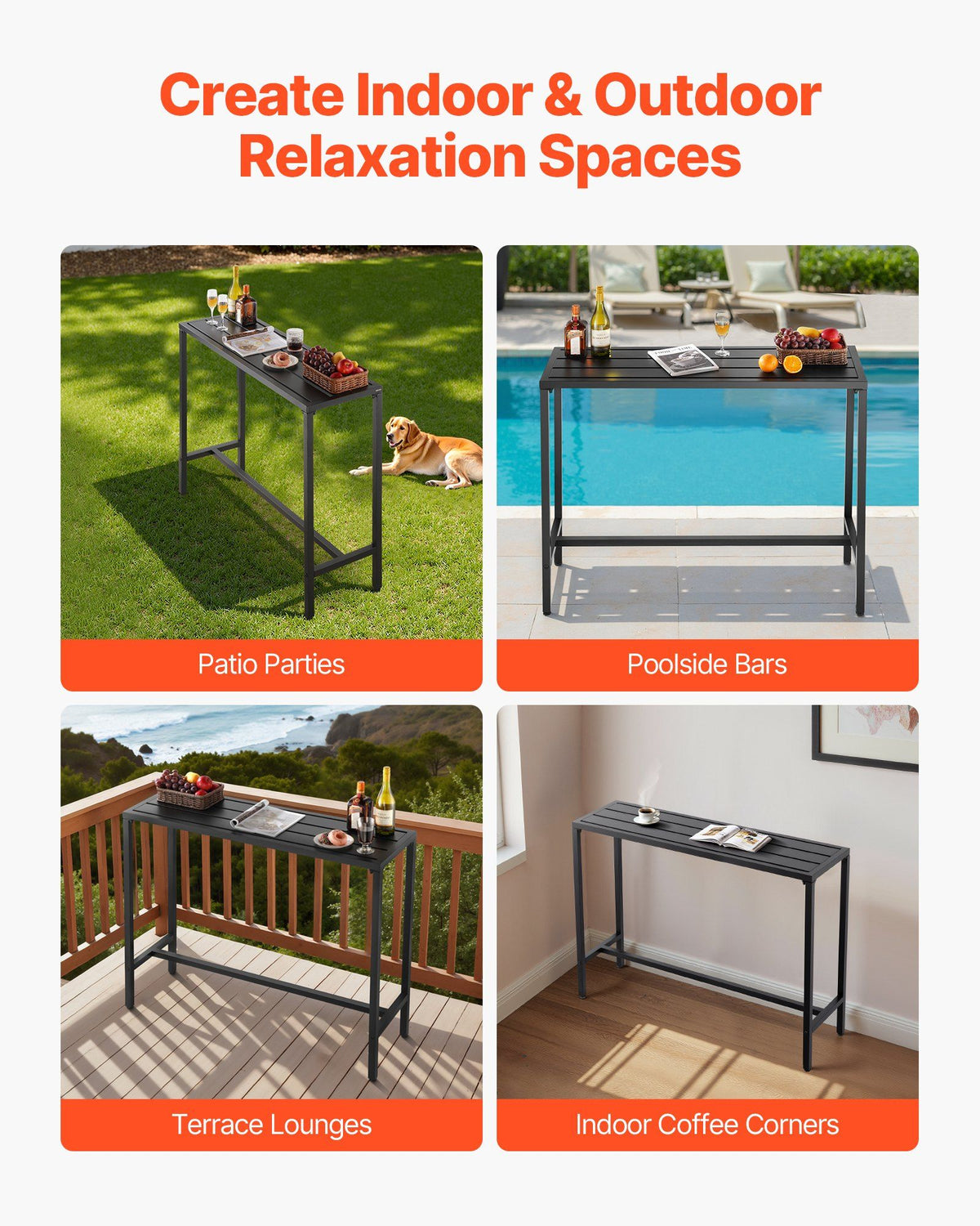 Outdoor Bar Table, 120 x 37.5 cm Patio Bar Table, Waterproof Top & Sturdy Metal Frame, Rectangle Counter V952-ZFLTJBZFX4720NCC7001V0