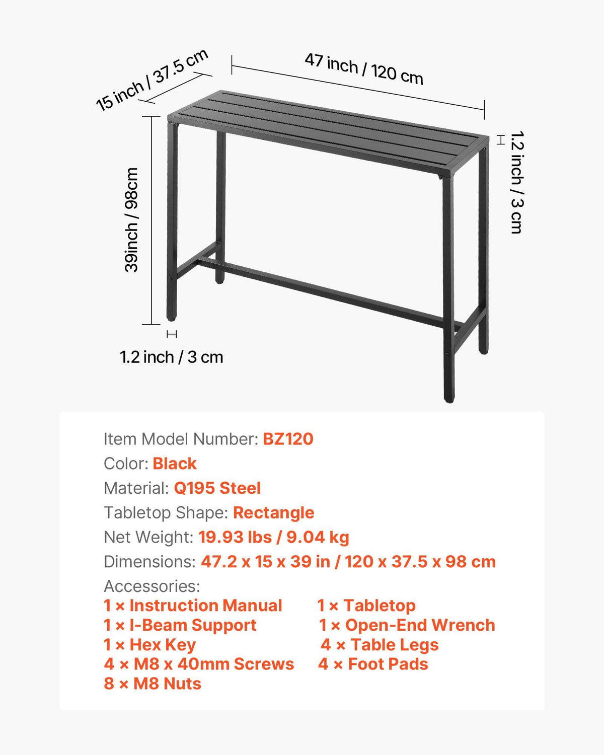 Outdoor Bar Table, 120 x 37.5 cm Patio Bar Table, Waterproof Top & Sturdy Metal Frame, Rectangle Counter V952-ZFLTJBZFX4720NCC7001V0