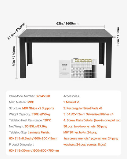 Rectangle Dining Table, 63 inch Length Large Wood Tables for 4-6 Person, Modern Dinner Furniture, Conference V952-ZFXCZBKTZQMDUVESOV0