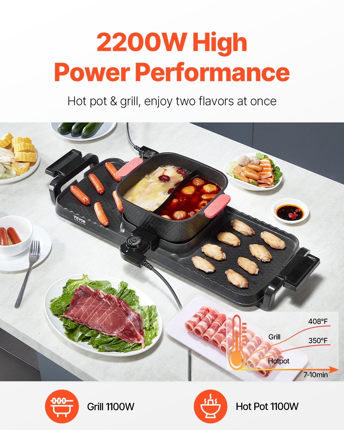 Hot Pot with Grill 2300W 2-in-1 Electric Smokeless BBQ with Removable Pot V952-ZFXDHG12YCLY1H507V3