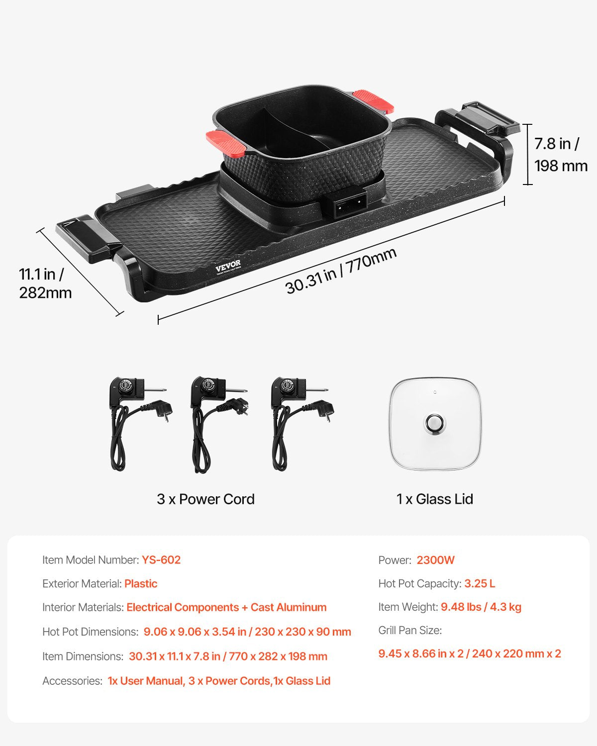 Hot Pot with Grill 2300W 2-in-1 Electric Smokeless BBQ with Removable Pot V952-ZFXDHG12YCLY1H507V3
