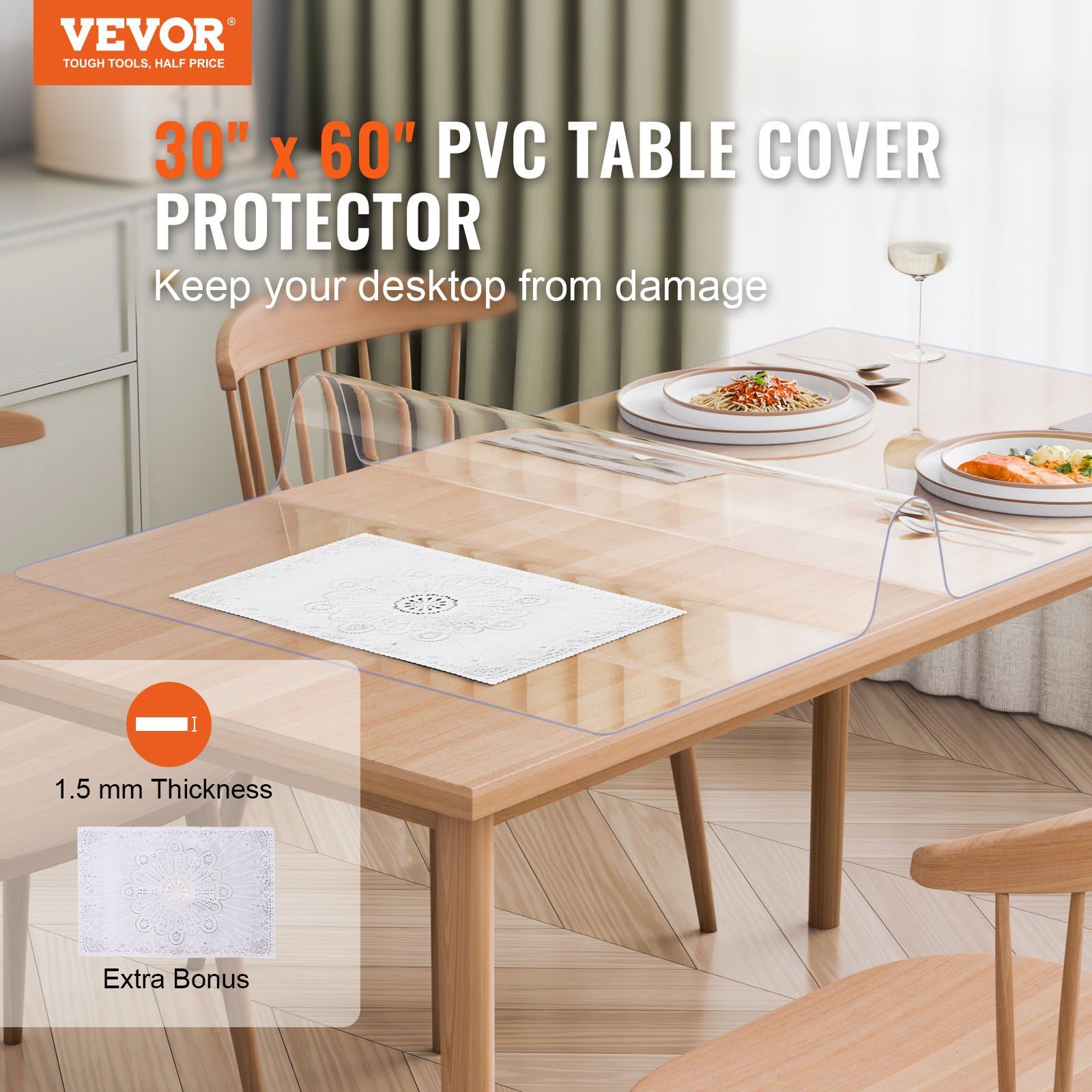 Plastic Table Cover, 30 x 60 Inch 1.5 mm Thick Clear Table Protector, Rectangle PVC Desk Mat, Waterproof & V952-ZFXPVCZB30X66LKCKV0
