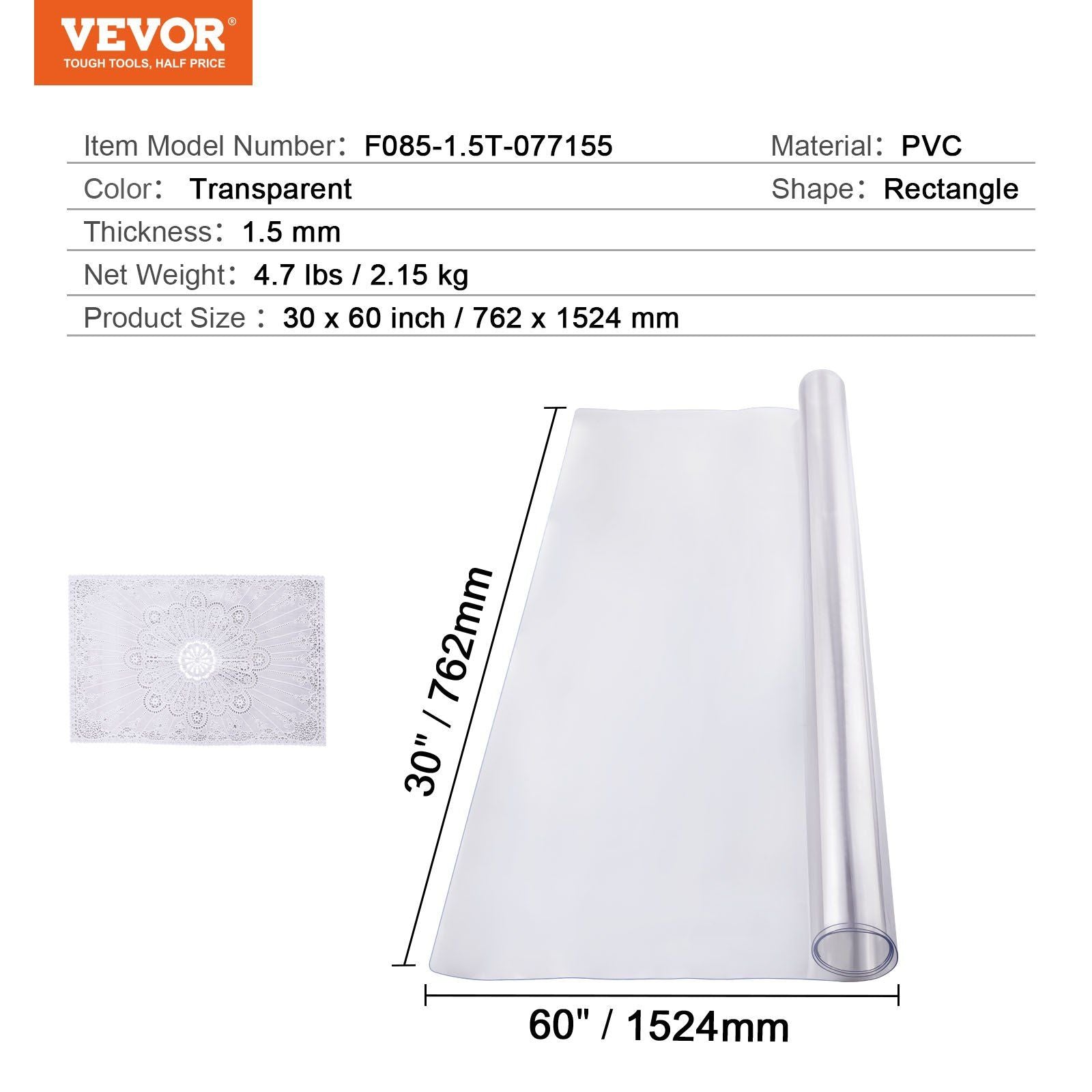 Plastic Table Cover, 30 x 60 Inch 1.5 mm Thick Clear Table Protector, Rectangle PVC Desk Mat, Waterproof & V952-ZFXPVCZB30X66LKCKV0