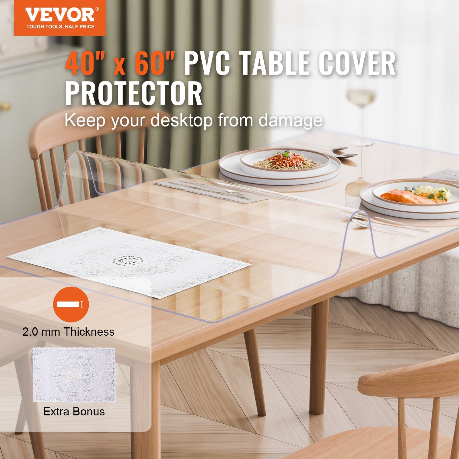 Plastic Table Cover, 40 x 60 Inch 2.0 mm Thick Clear Table Protector, Rectangle PVC Desk Mat, Waterproof & V952-ZFXPVCZB40X69S840V0