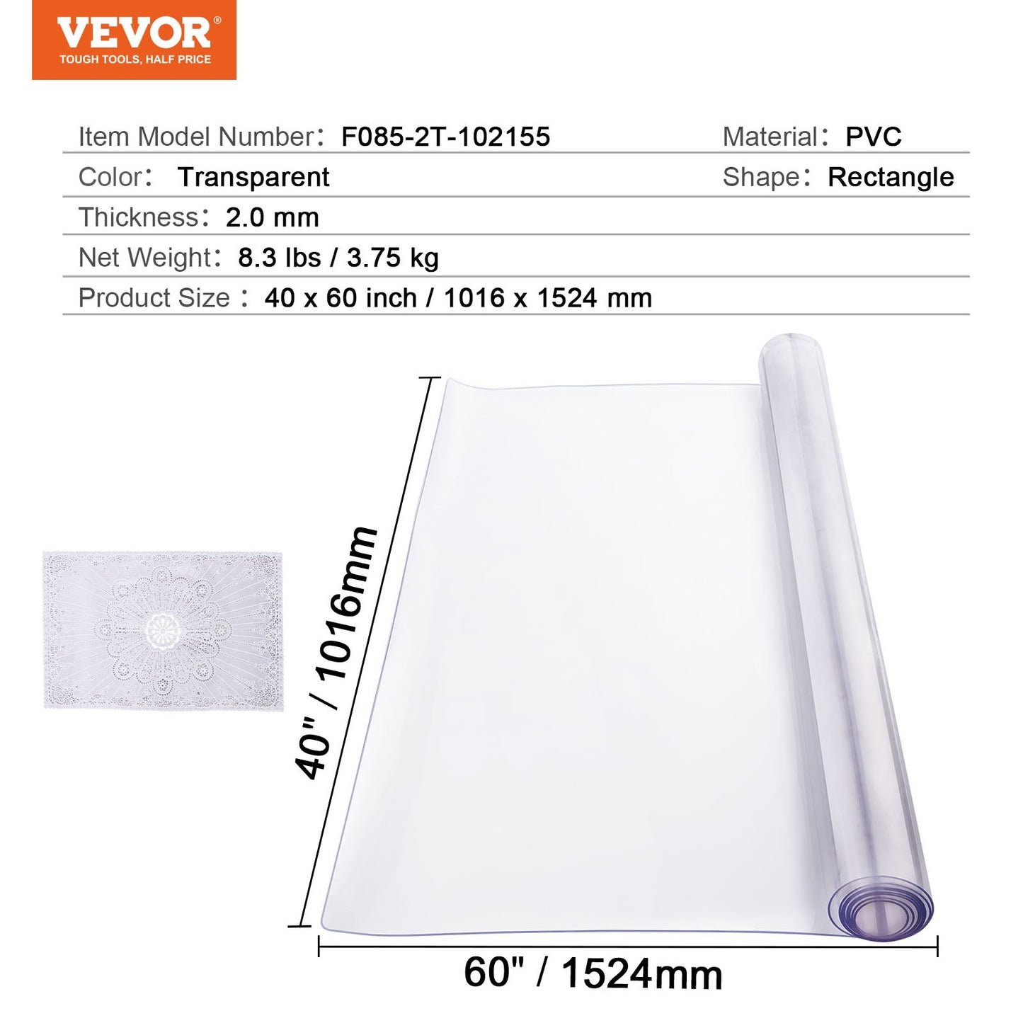 Plastic Table Cover, 40 x 60 Inch 2.0 mm Thick Clear Table Protector, Rectangle PVC Desk Mat, Waterproof & V952-ZFXPVCZB40X69S840V0