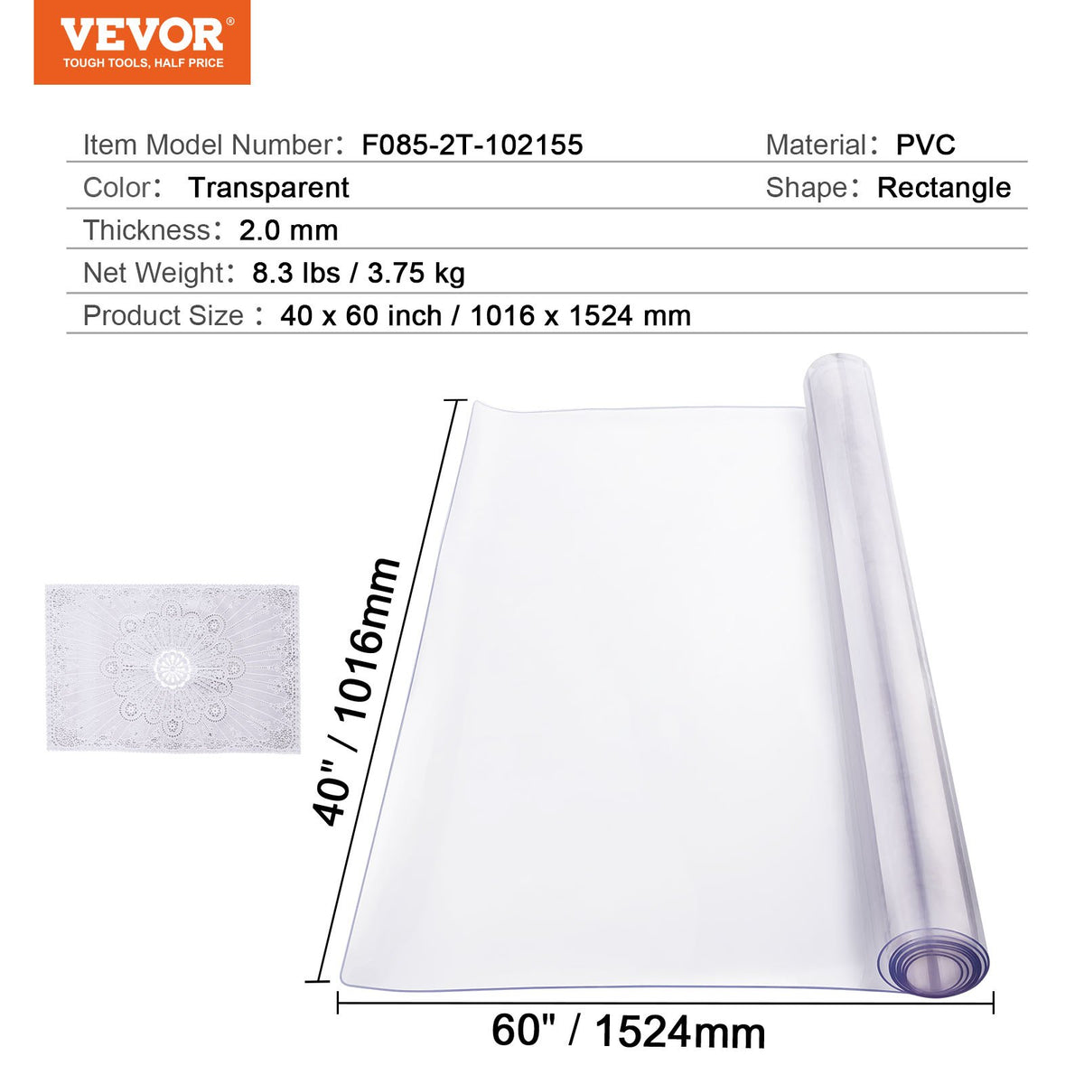 Plastic Table Cover, 40 x 60 Inch 2.0 mm Thick Clear Table Protector, Rectangle PVC Desk Mat, Waterproof & V952-ZFXPVCZB40X69S840V0