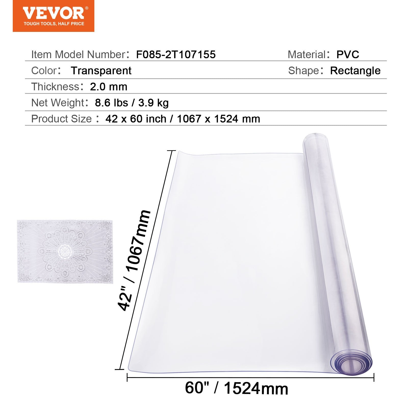 Plastic Table Cover, 42 x 60 Inch 2.0 mm Thick Clear Table Protector, Rectangle PVC Desk Mat, Waterproof & V952-ZFXPVCZB42X6Q83CQV0