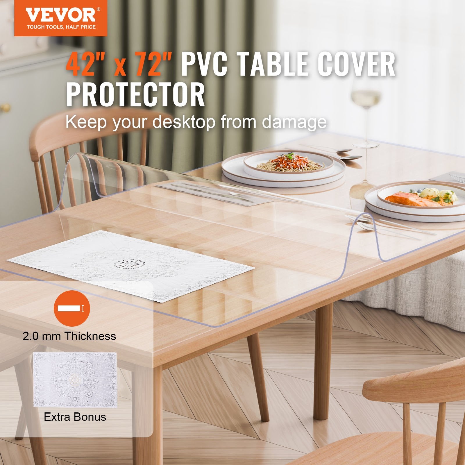 Plastic Table Cover, 42 x 72 Inch 2.0 mm Thick Clear Table Protector, Rectangle PVC Desk Mat, Waterproof & V952-ZFXPVCZB42X7FCC6CV0