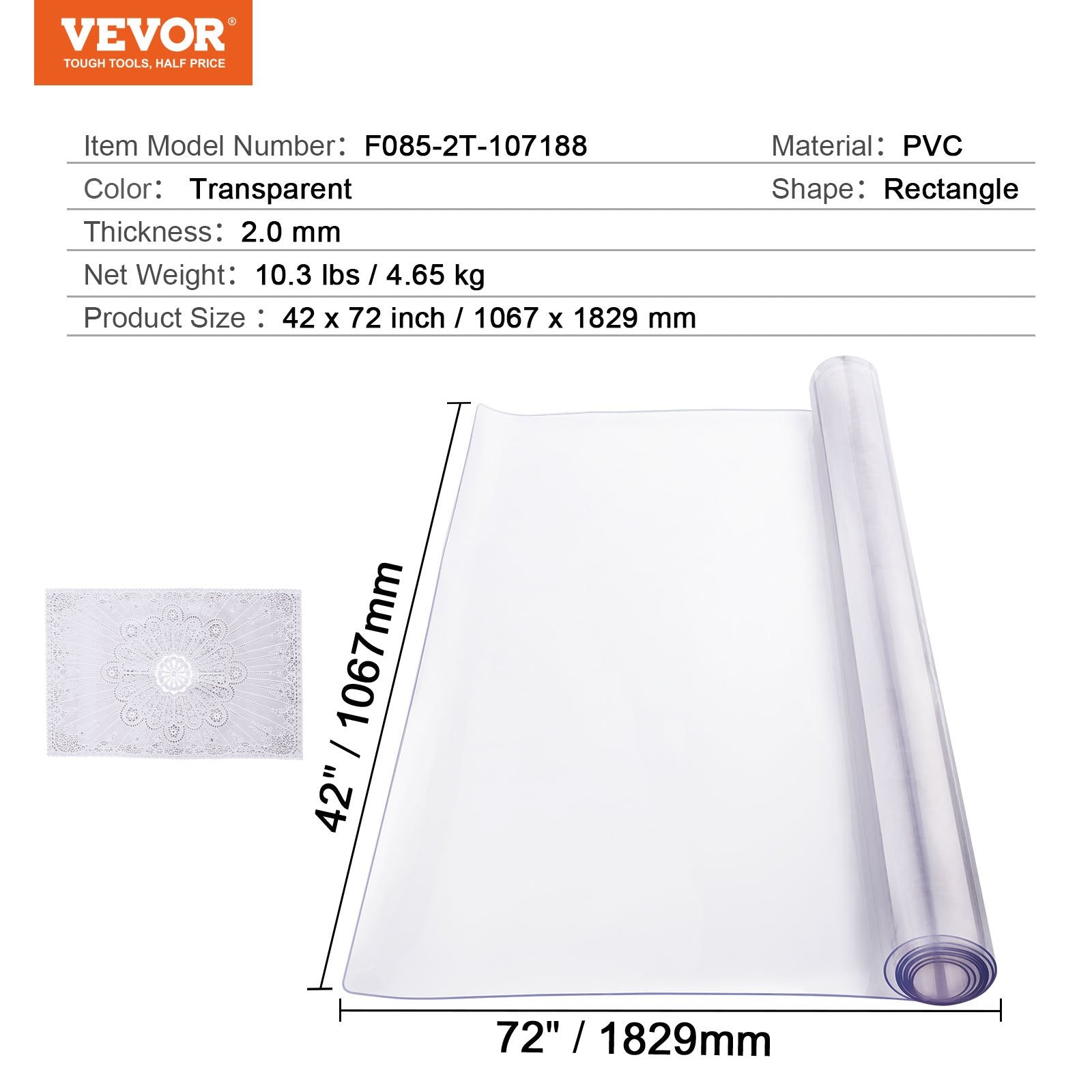 Plastic Table Cover, 42 x 72 Inch 2.0 mm Thick Clear Table Protector, Rectangle PVC Desk Mat, Waterproof & V952-ZFXPVCZB42X7FCC6CV0