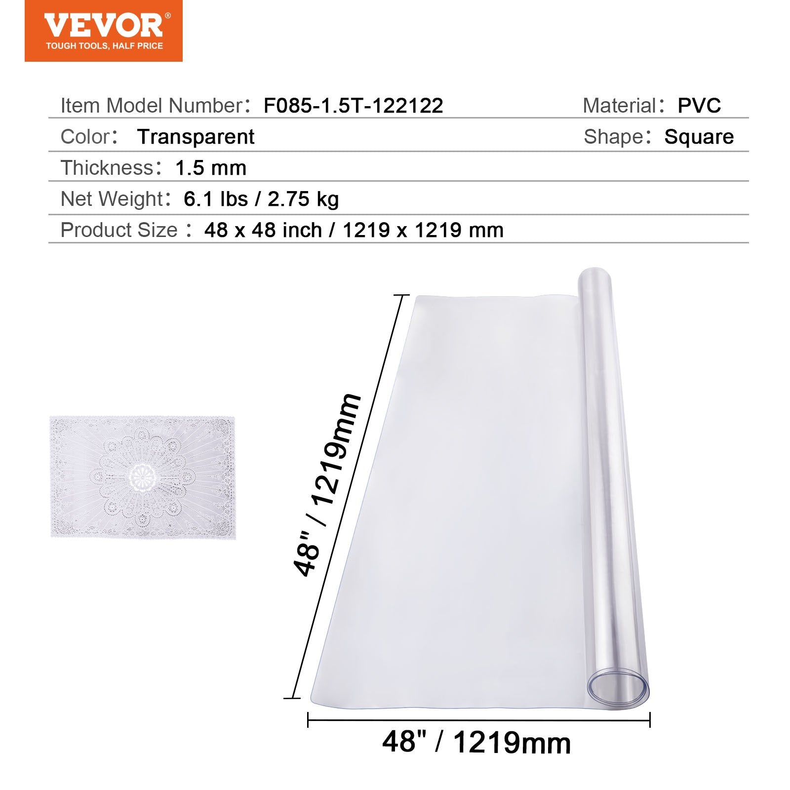 Plastic Table Cover, 48 x 48 Inch 1.5 mm Thick Clear Table Protector, Square PVC Desk Mat, Waterproof & Easy V952-ZFXPVCZB48X40K46AV0