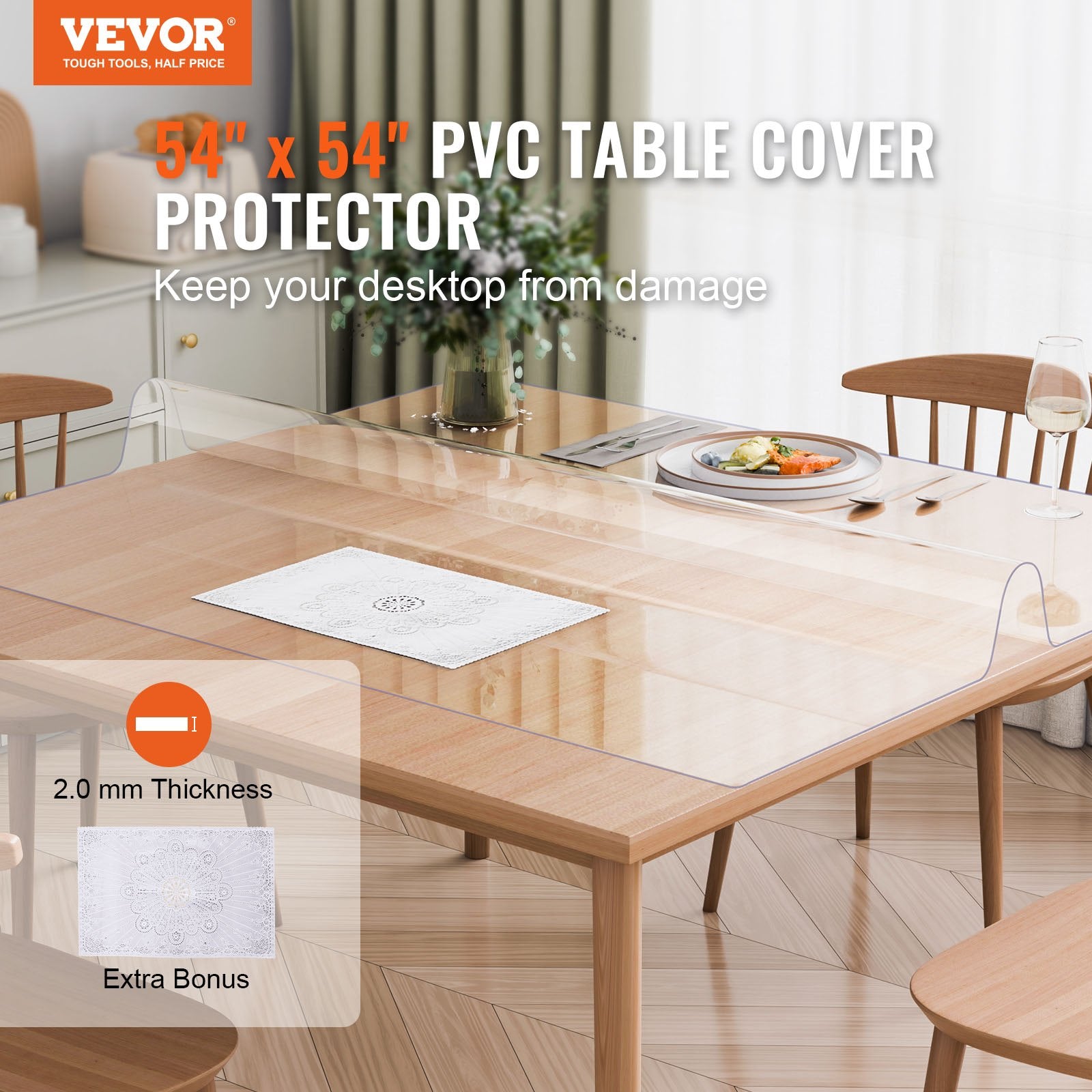 Plastic Table Cover, 54 x 54 Inch 2.0 mm Thick Clear Table Protector, Square PVC Desk Mat, Waterproof & Easy V952-ZFXPVCZB54X5ITNPIV0