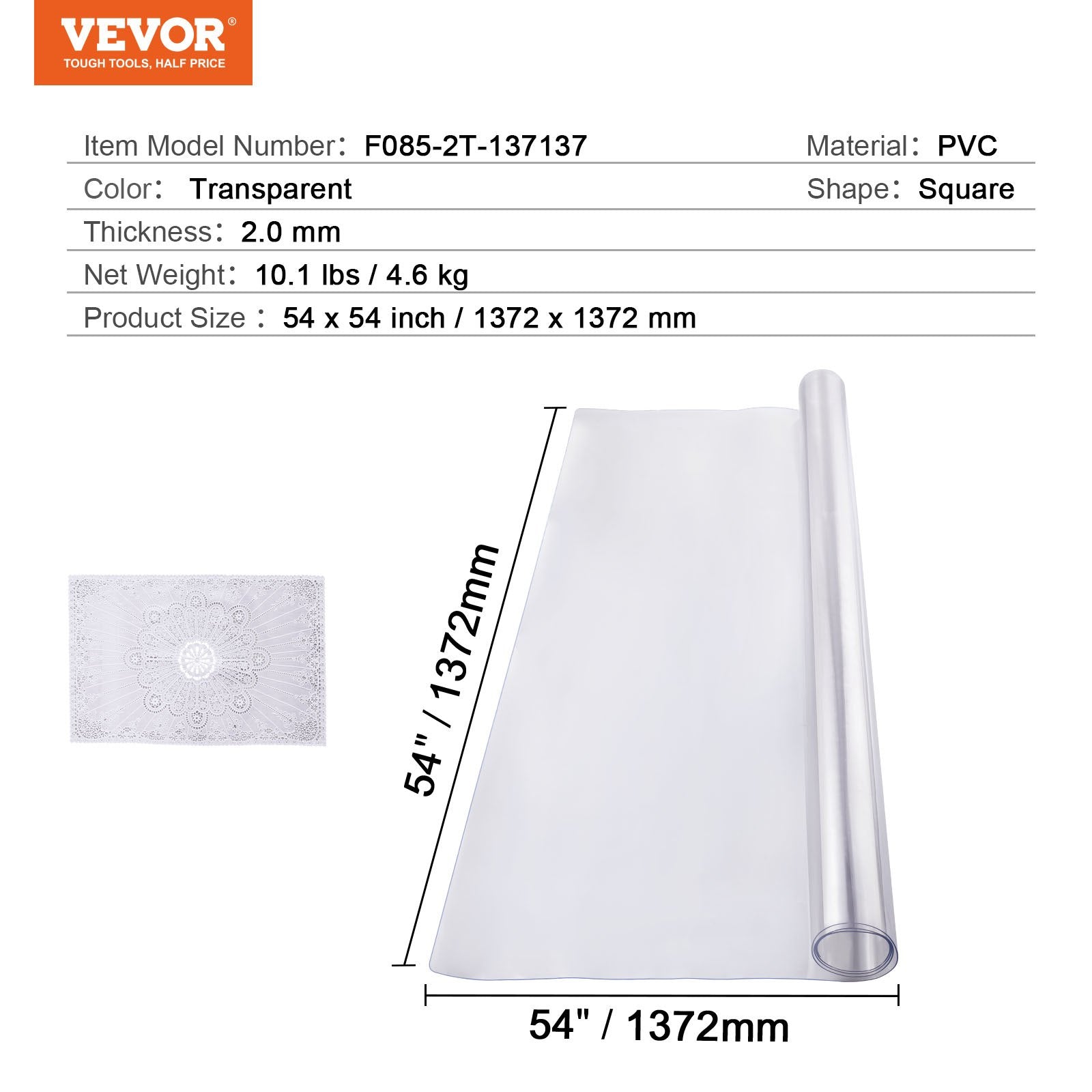 Plastic Table Cover, 54 x 54 Inch 2.0 mm Thick Clear Table Protector, Square PVC Desk Mat, Waterproof & Easy V952-ZFXPVCZB54X5ITNPIV0
