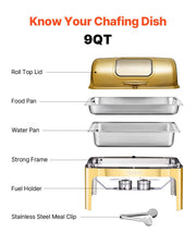Roll Top Chafing Dish Buffet Complete Set, 9Qt Stainless Steel Chafer with Full Size Pan, Rectangle Catering V952-ZFXQFGK1JTJSEAIBSV0