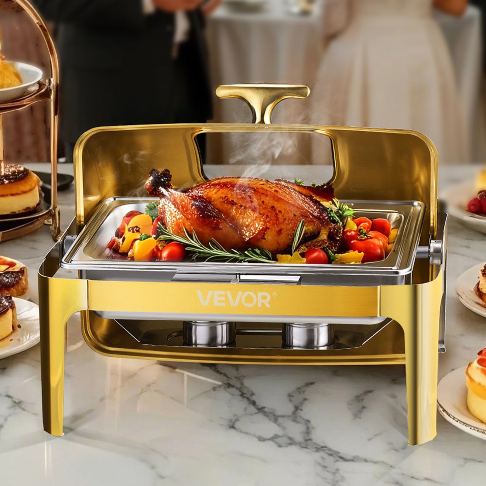 Roll Top Chafing Dish Buffet Complete Set, 9Qt Stainless Steel Chafer with Full Size Pan, Rectangle Catering V952-ZFXQFGK1JTJSEAIBSV0