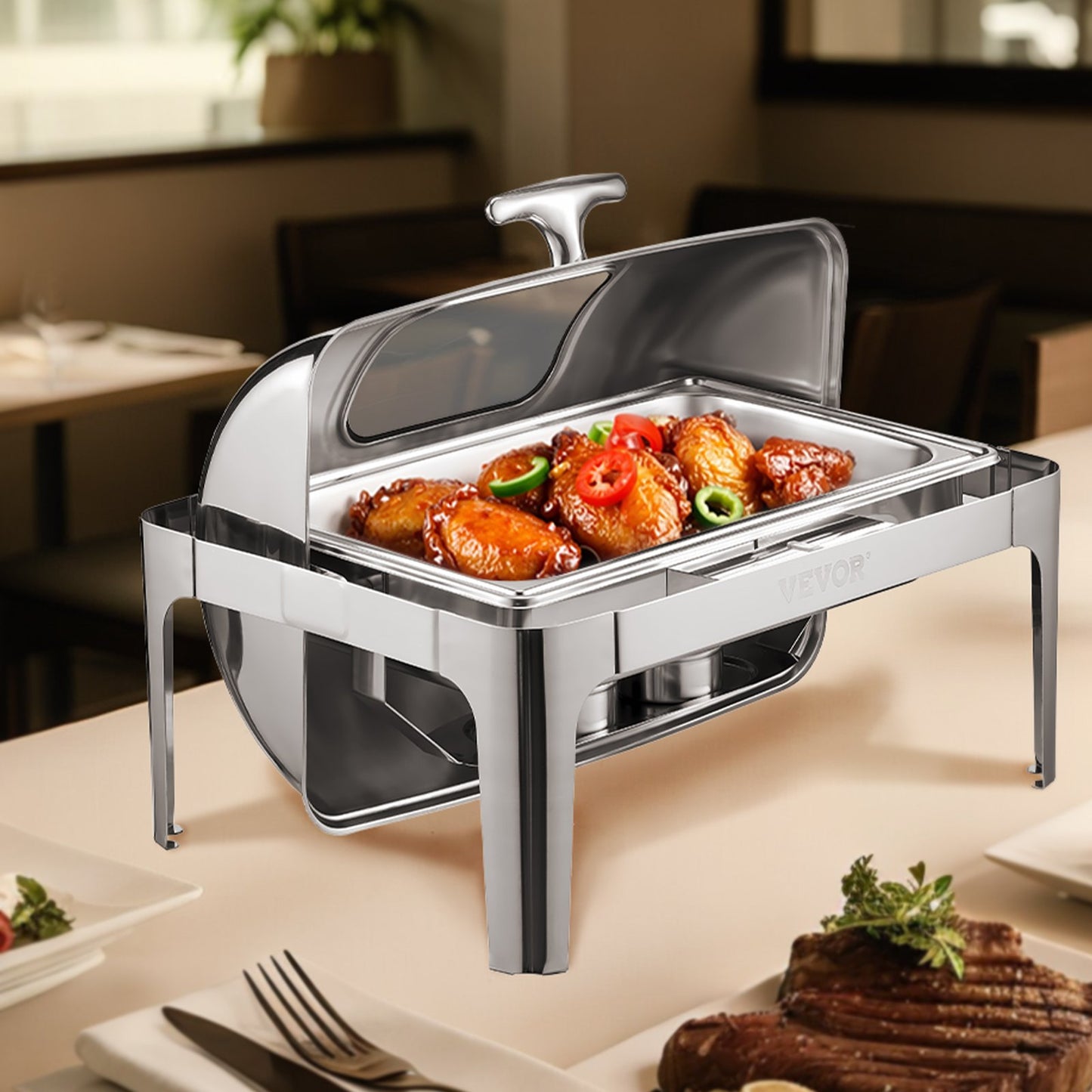 Roll Top Chafing Dish Buffet Complete Set, 9 Qt 1 Pack Stainless Steel Chafer with 2 Half Size Pans, V952-ZFXQFGK1JTYS0BDQ9V0