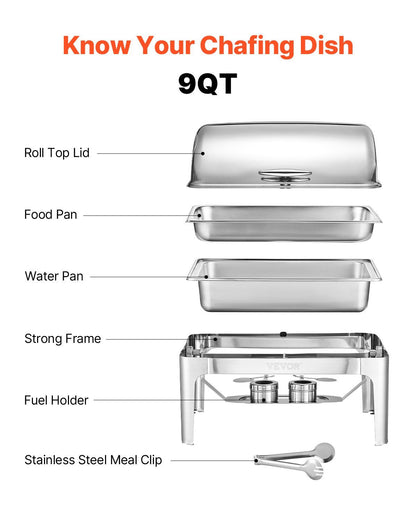 Roll Top Chafing Dish Buffet Complete Set, 9Qt Stainless Steel Chafer with Full Size Pan, Rectangle Catering V952-ZFXQFGK1JTYSNU6QFV0