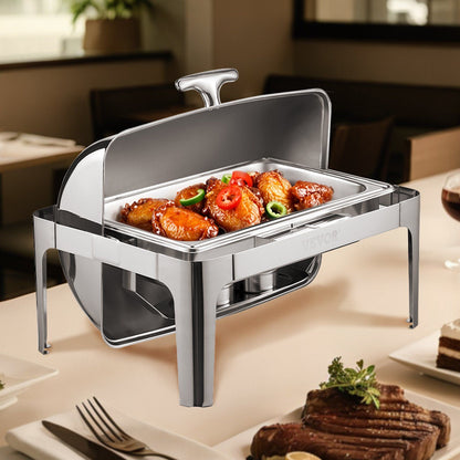 Roll Top Chafing Dish Buffet Complete Set, 9Qt Stainless Steel Chafer with Full Size Pan, Rectangle Catering V952-ZFXQFGK1JTYSNU6QFV0