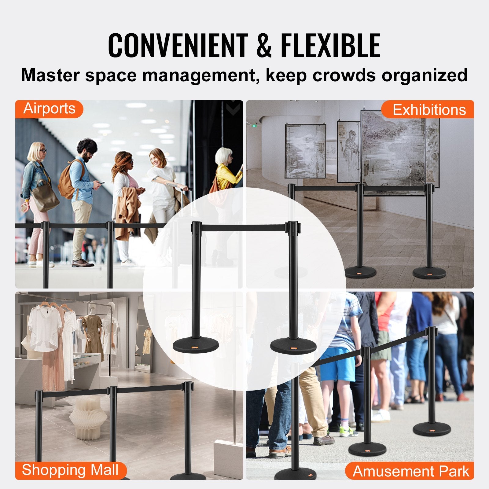 Crowd Control Stanchions, 6-Pack Crowd Control Barriers with 3PCS 6.5FT Black Retractable Belts, Plastic V952-ZGGLZHSSLZX6P36AJV0