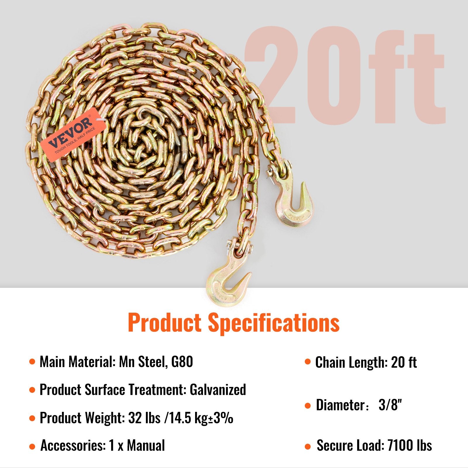 Transport Binder Chain, 220 kg Working Load Limit, 3/8'' x 20' G80 Tow Chain Tie Down with Grab Hooks, DOT V952-ZGTLJZMGDXZYJ7KNJV0