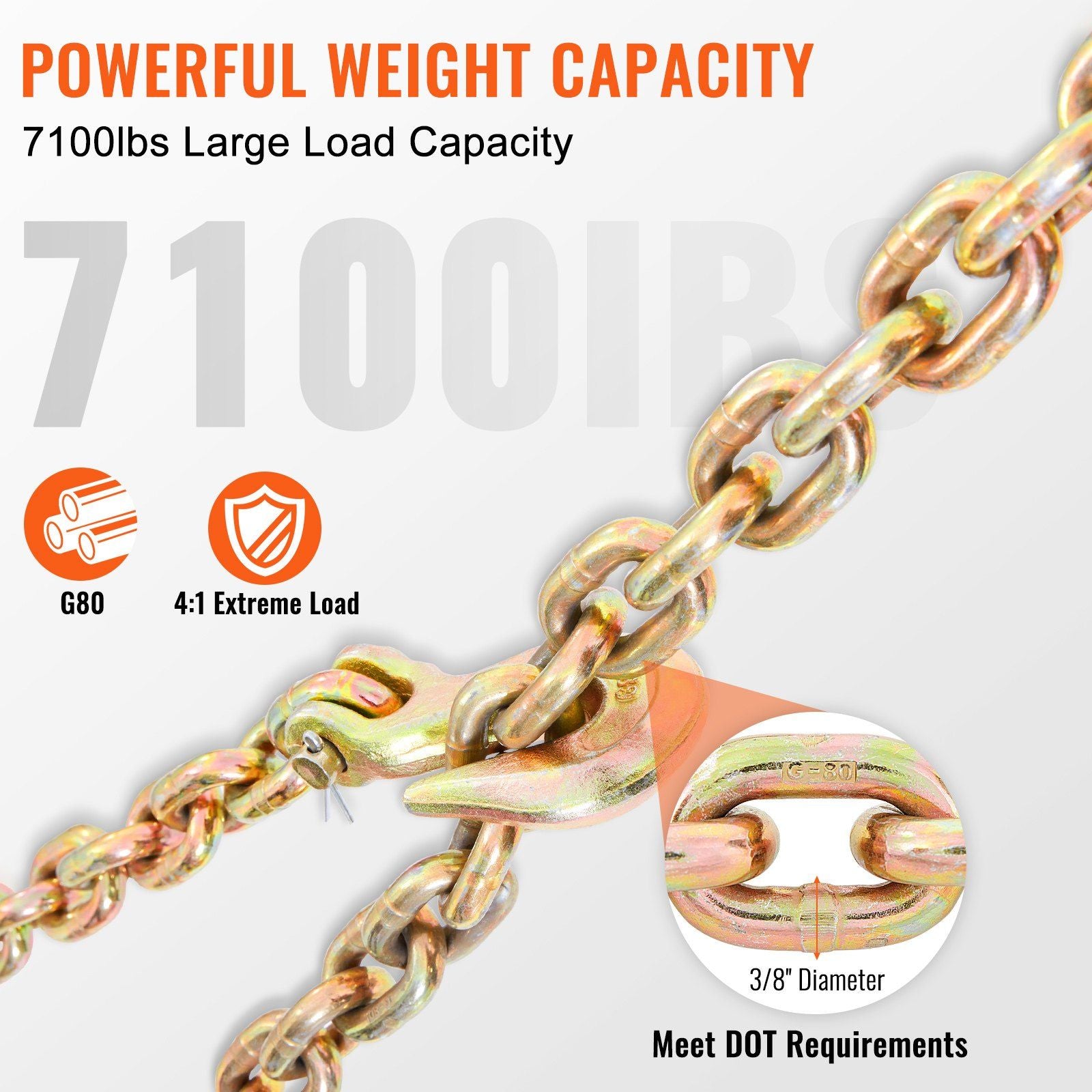 Transport Binder Chain, 3220 kg Working Load Limit, 3/8''x20' G80 Tow Chain Tie Down with Grab Hooks, DOT V952-ZGTLJZMGDXZYJG017V0