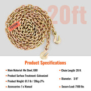 Transport Binder Chain, 3220 kg Working Load Limit, 3/8''x20' G80 Tow Chain Tie Down with Grab Hooks, DOT V952-ZGTLJZMGDXZYJG017V0