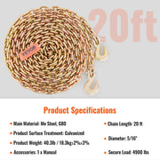 Transport Binder Chain, 2222 kg Working Load Limit, 5/16''x20' G80 Tow Chain Tie Down with Grab Hooks, DOT V952-ZGTLJZMGDXZYJQB0WV0