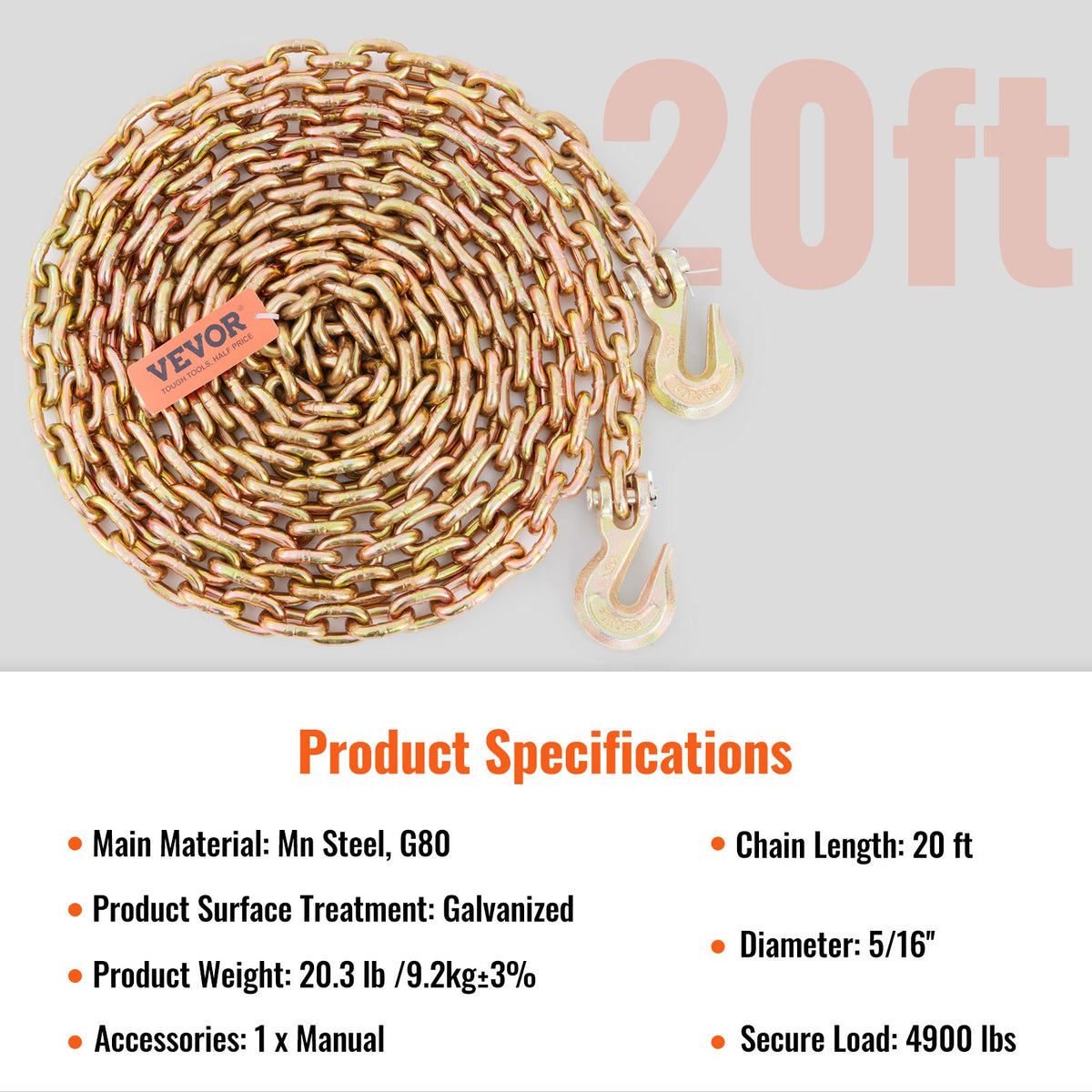 Transport Binder Chain, 2222 kg Working Load Limit, G80 Tow Chain Tie Down with Grab Hooks, DOT Certified, V952-ZGTLJZMGDXZYJUZEDV0