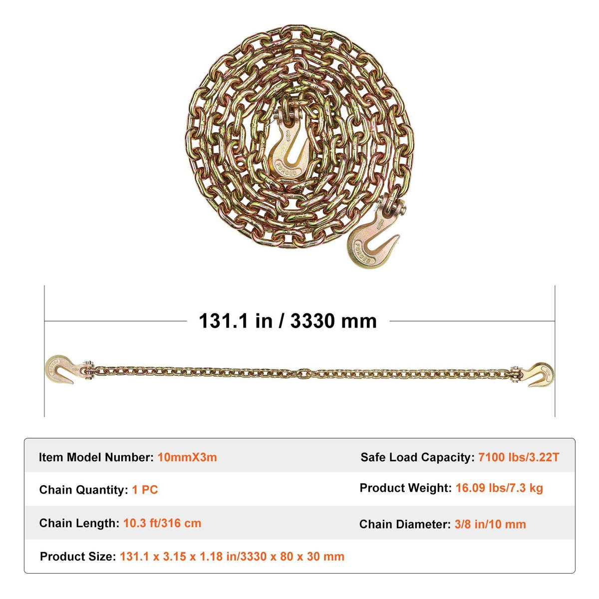 G80 Transport Binder Chain, 10 mm x 316 cm Tow Chain with Clevis Grab Hooks, 3.22T Safe Working Load, Heavy V952-ZGTLSGMGDX1JAQ0QWV0