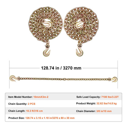 G80 Transport Binder Chain, 10 mm x 316 cm 2-Pack Tow Chain with Clevis Grab Hooks, 3.22T Safe Working Load, V952-ZGTLSGMGDX2JJAXBDV0