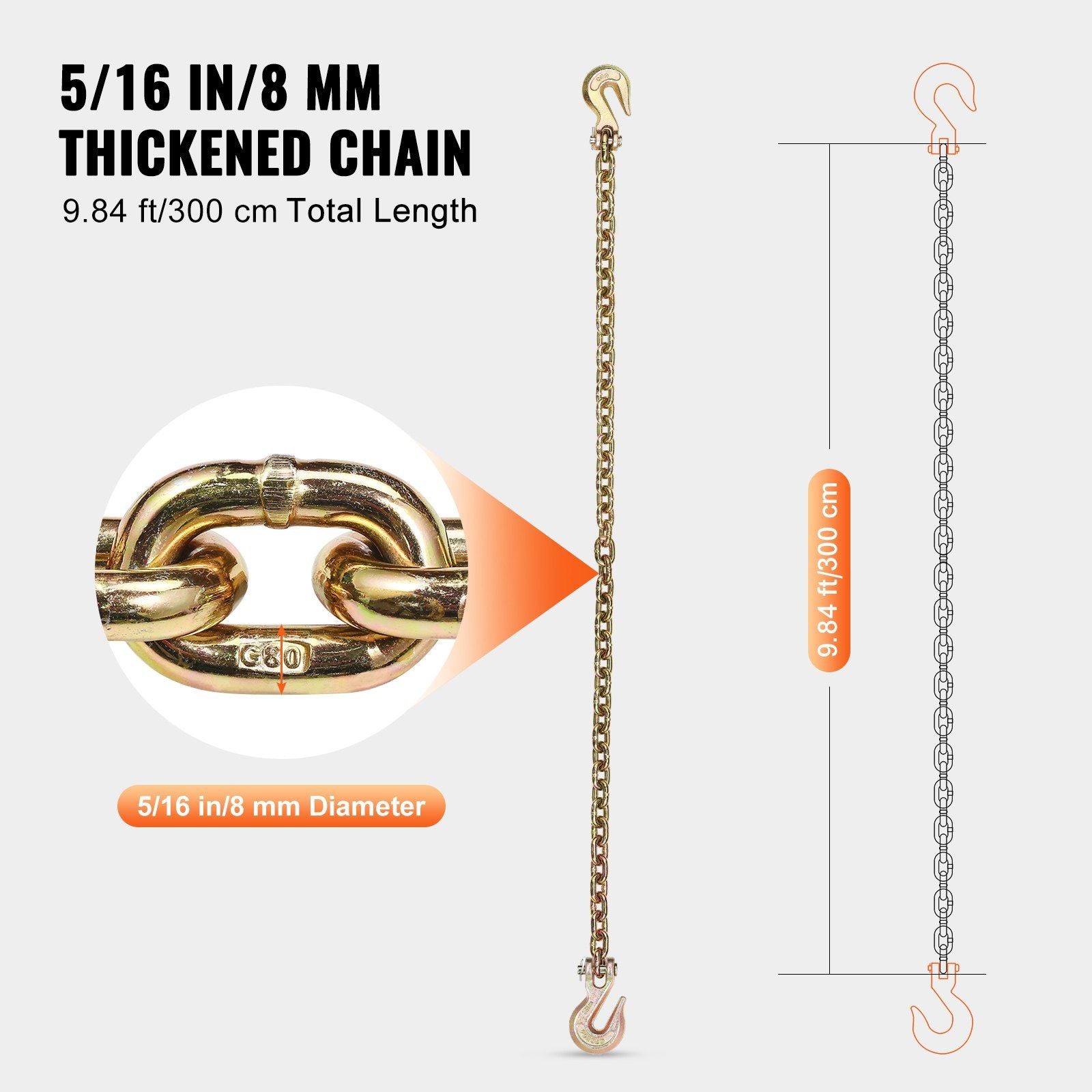 G80 Transport Binder Chain, 8 mm x 316 cm 2-Pack Tow Chain with Clevis Grab Hooks, 2.22T Safe Working Load, V952-ZGTLSGMGDX2JYBW2AV0