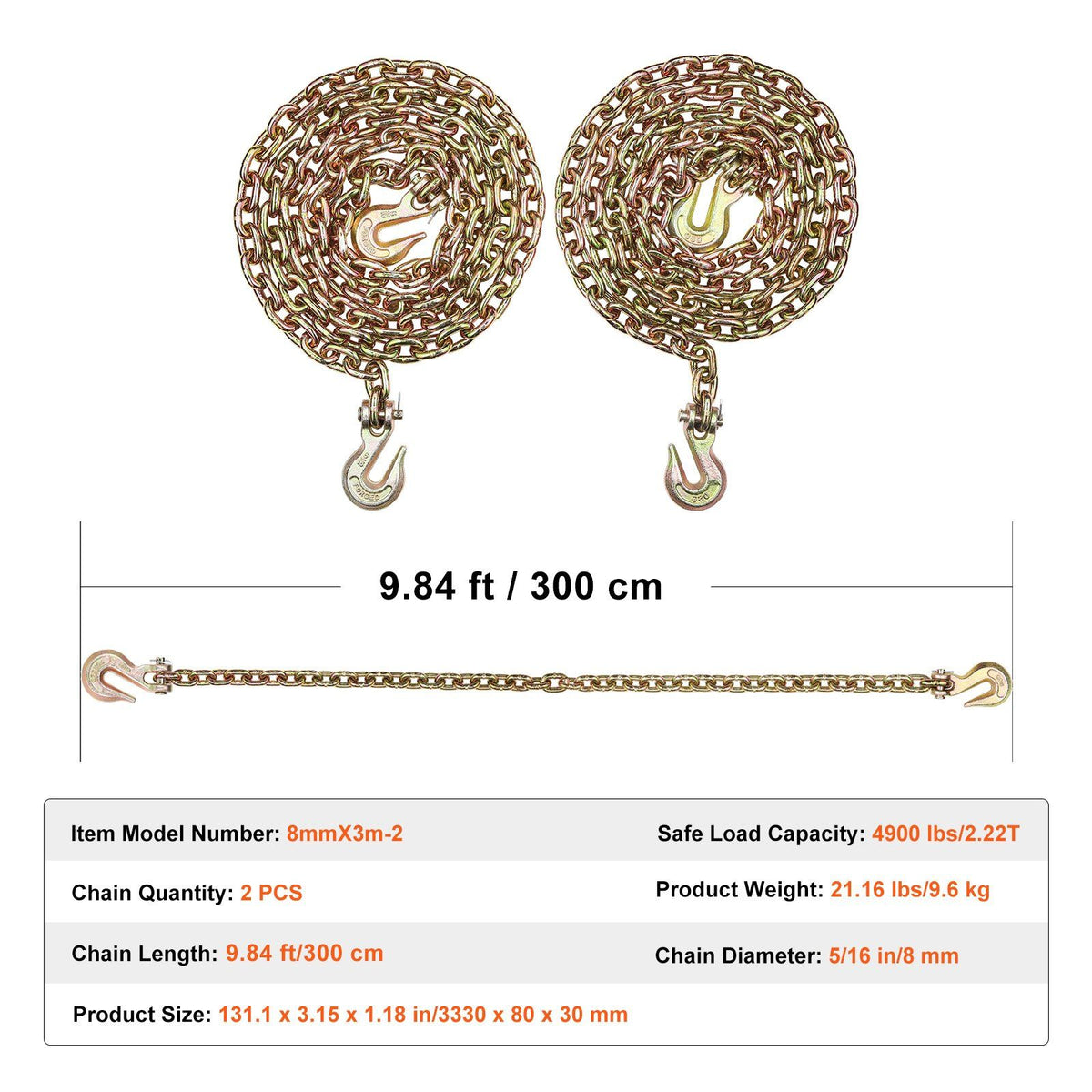 G80 Transport Binder Chain, 8 mm x 316 cm 2-Pack Tow Chain with Clevis Grab Hooks, 2.22T Safe Working Load, V952-ZGTLSGMGDX2JYBW2AV0