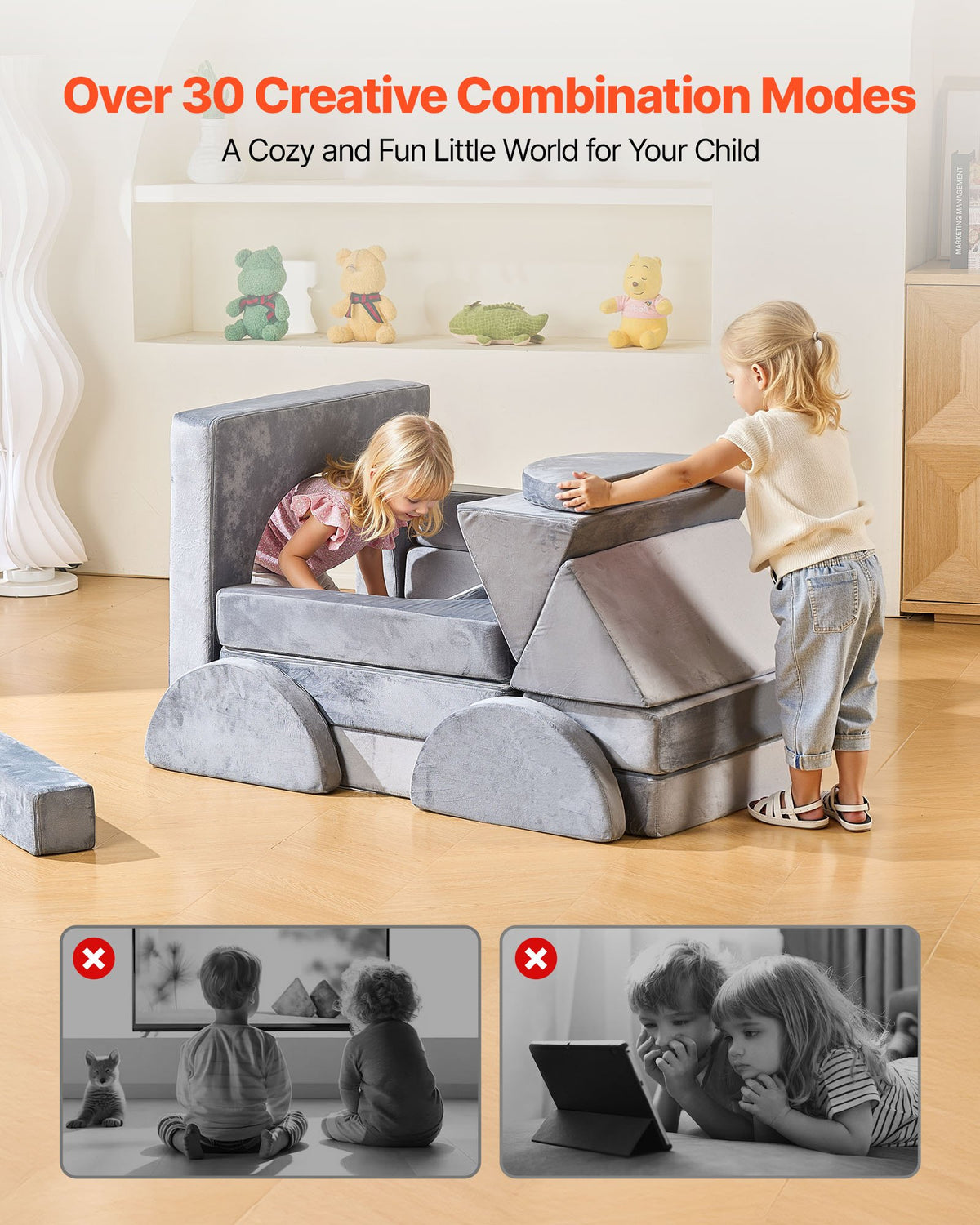 Modular Kids Play Couch, Sectional Toddler Sofa with Armrests, 28D Sponge & Short Pile, Convertible Kids V952-ZHETSF14JTHSOMUNU001V0
